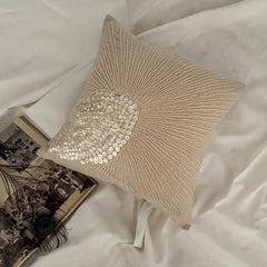 Peacock Pearls - Natural Beige Cotton Linen Decorative Euro Sham