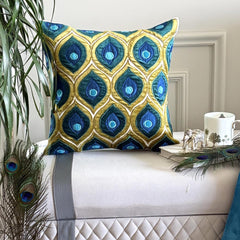 Art Deco Peacock - Green Velvet Throw Pillow Cover