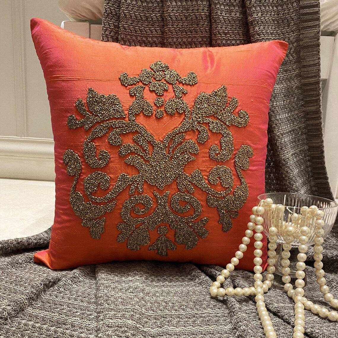 Damask Silk Pink Throw Pillow Cover