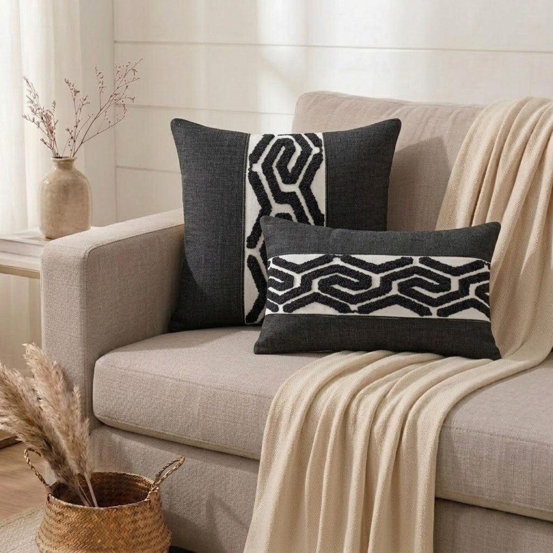 Black Linen Throw Pillow Cover - Black Labyrinth
