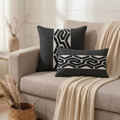 Black Linen Throw Pillow Cover - Black Labyrinth