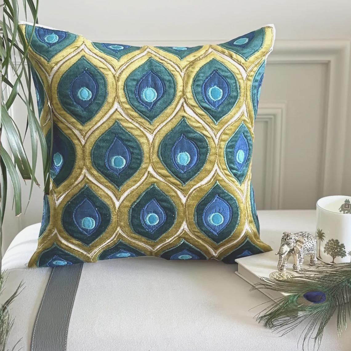 Art Deco Peacock - Green Velvet Decorative Euro Sham