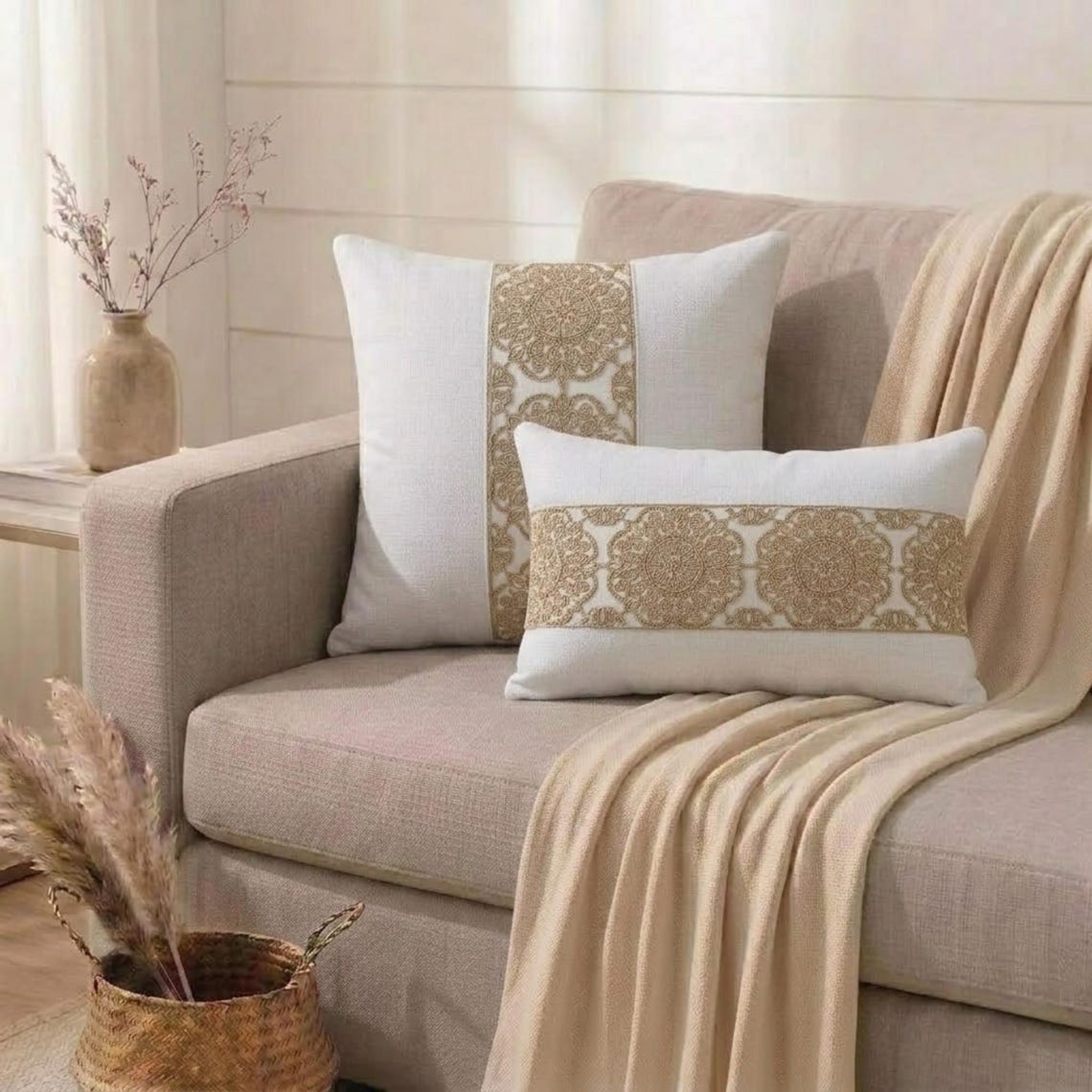 White Linen Throw Pillow Cover - Ivora Mandala