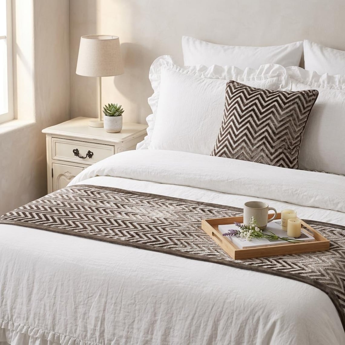 Grey Crystal Chevy Decorative Bed Runner and Pillow Cover