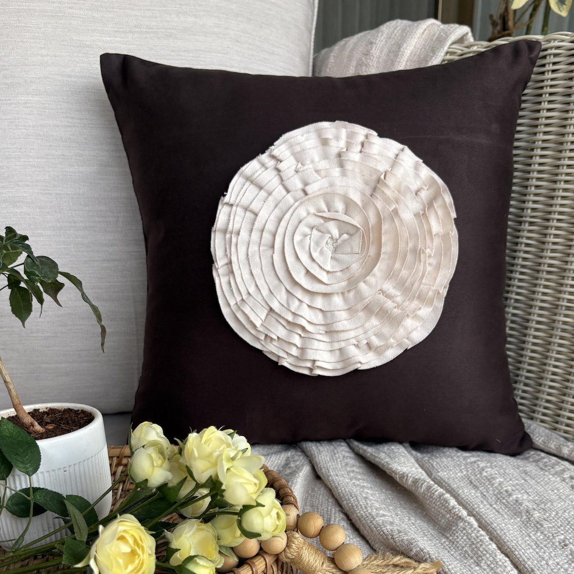 Brown  Suede Throw Pillow Cover Vintage Blossoms
