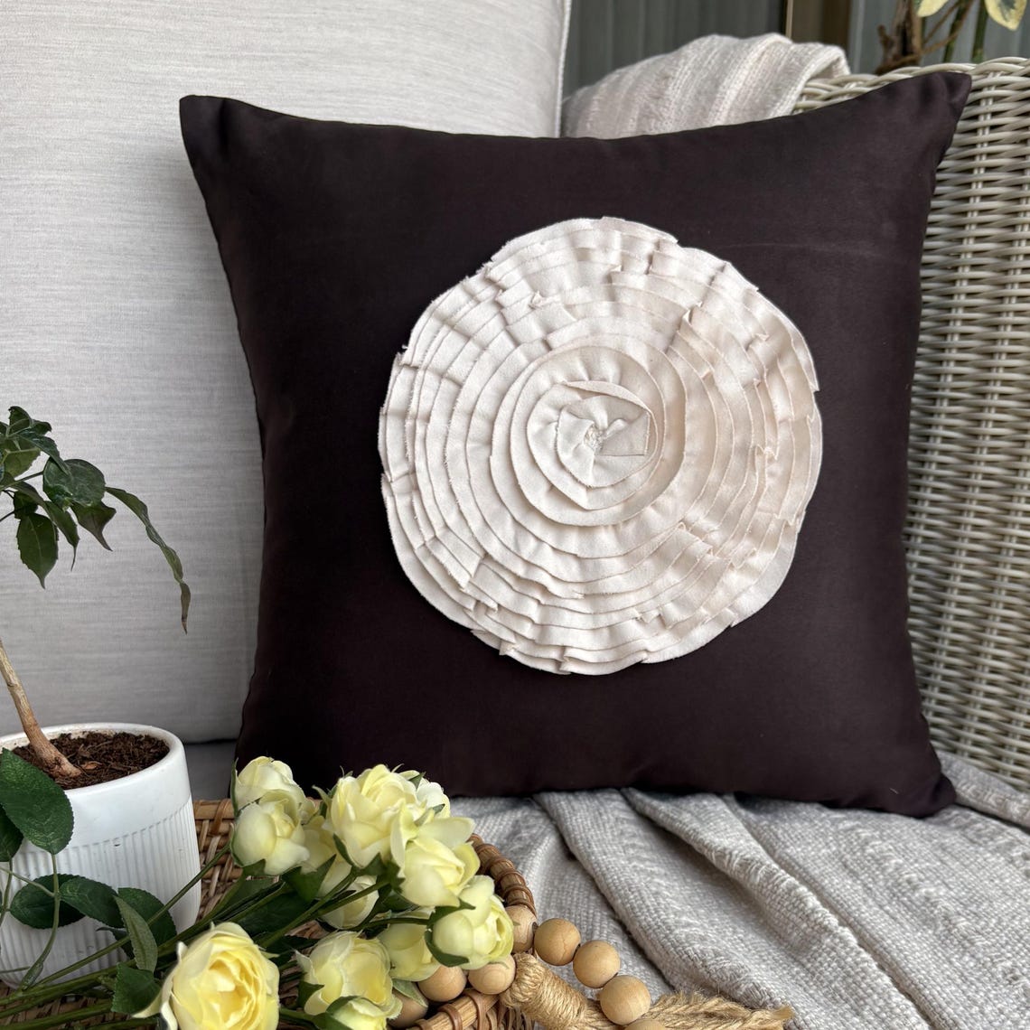 Vintage Blossoms - Brown Suede Decorative Euro Sham