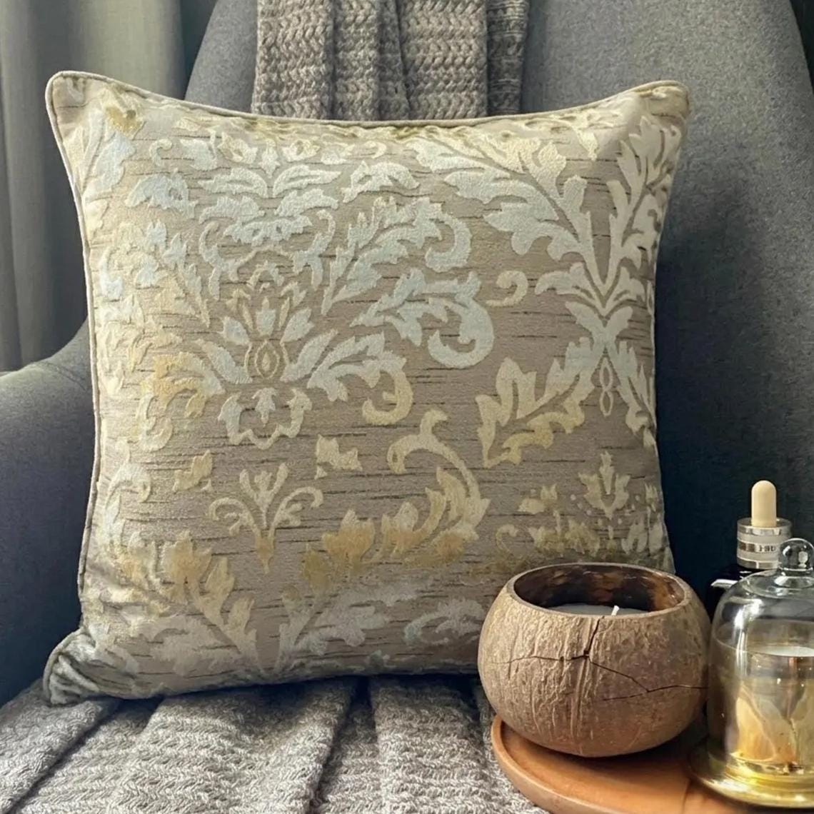 Creamy Damask - Cream Burnout Velvet Throw Pillow Cover