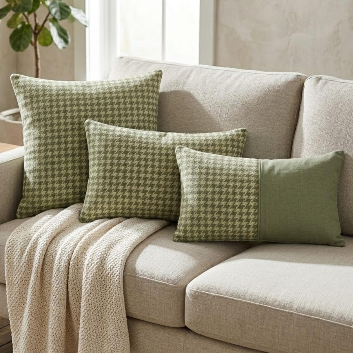 Green Linen Throw Pillow Cover - Sage Houndstooth