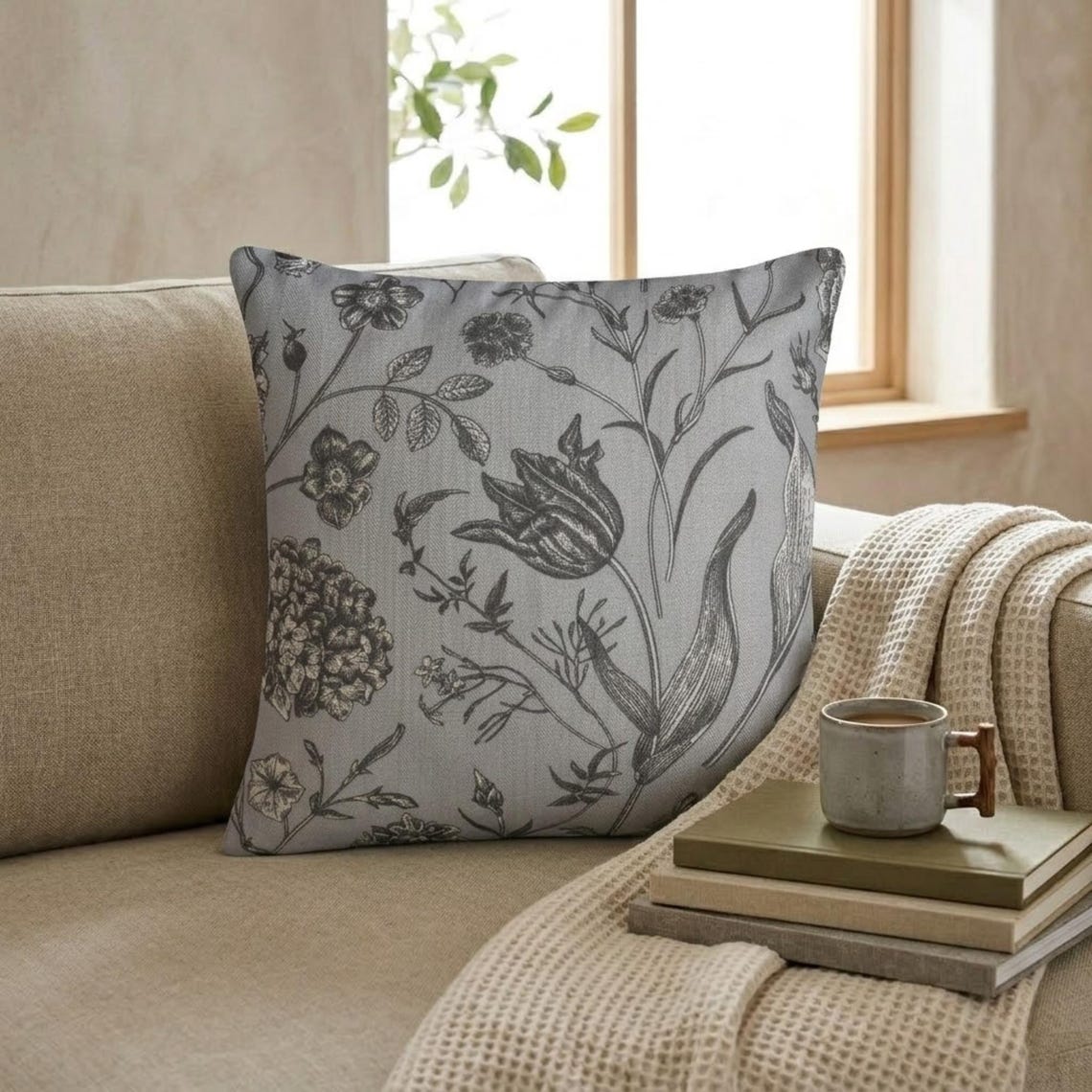 Gray Linen Throw Pillow Cover - Gray Botanical Sketch