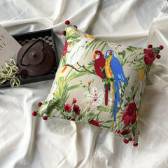 Cockatoo Carnival - Green Cotton Throw Pillow Cover