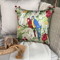 Cockatoo Carnival - Green Cotton Throw Pillow Cover