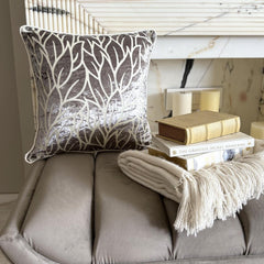 Paloma Gray Leaves - Paloma Gray Burnout Velvet Throw Pillow Cover