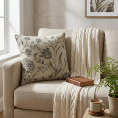 Gray Linen Throw Pillow Cover - Botanical Sketch