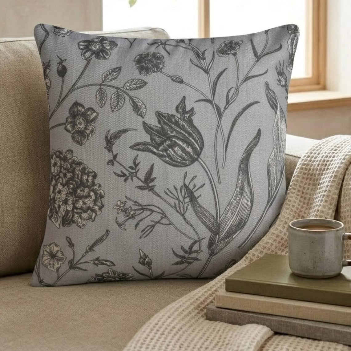 Gray Botanical Sketch Throw Pillow Cover