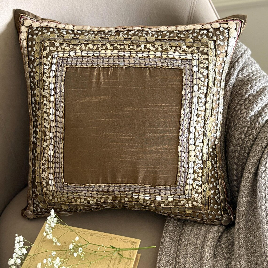 Ethnic Origins - Brown Art Silk Throw Pillow Cover