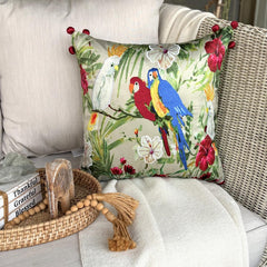 Cockatoo Carnival - Green Cotton Throw Pillow Cover