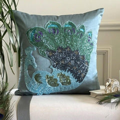 Dancing Peacock - Blue Art Silk Decorative Euro Sham