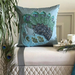 Dancing Peacock - Blue Art Silk Decorative Euro Sham