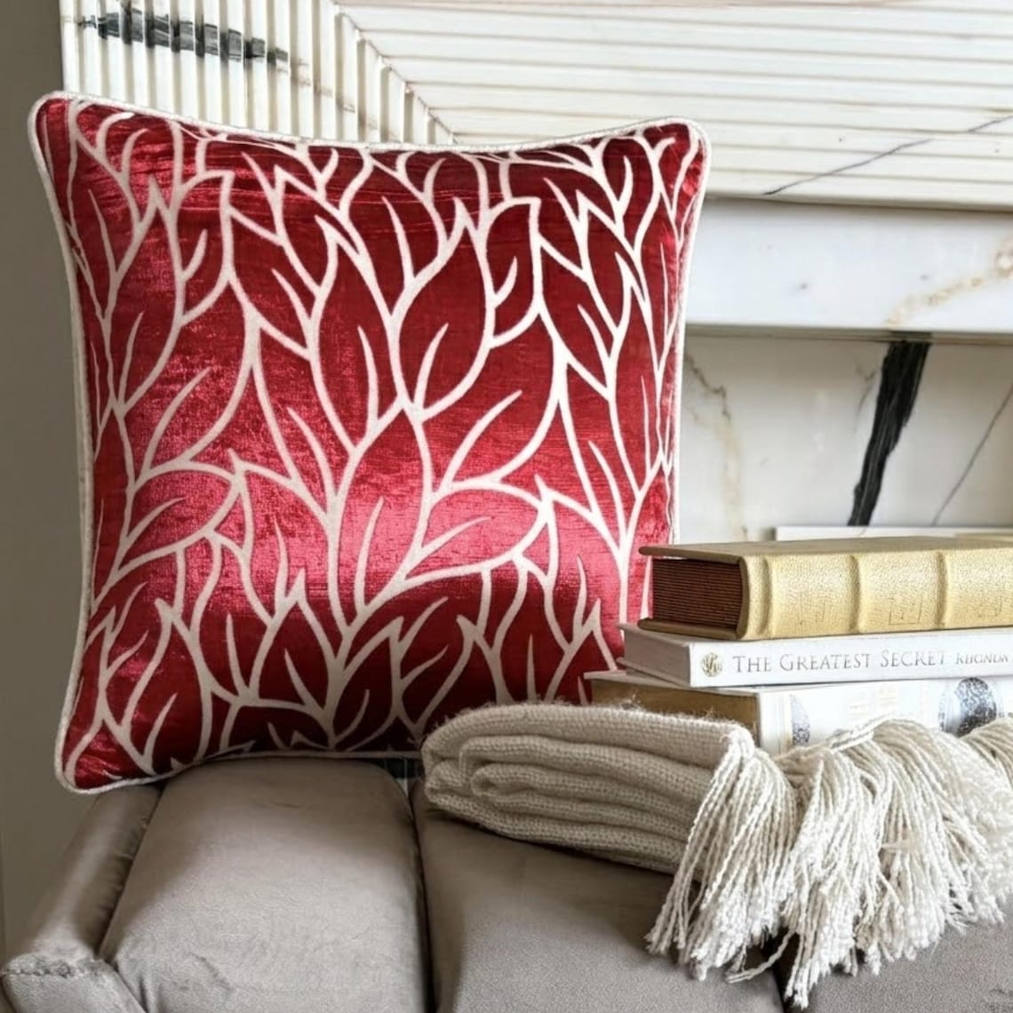 Cayenne Red Florals - Cayenne Red Burnout Velvet Throw Pillow Cover