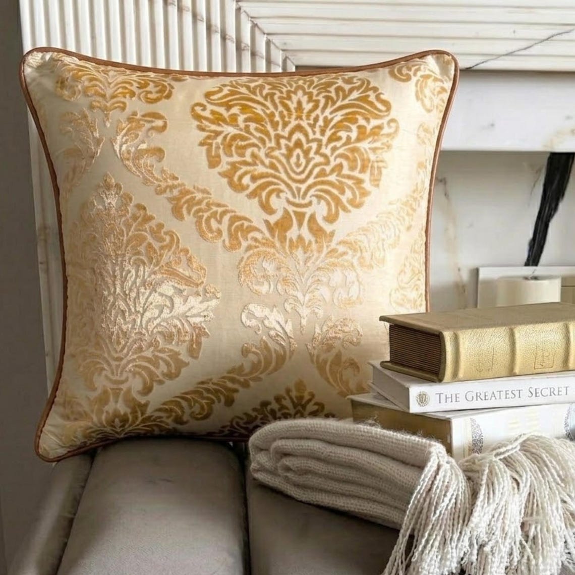 Blonde Damask Throw Pillow Cover