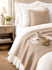 Happy Chevy - Jacquard Embroidered Beige & Multicolor Decorative Bed Runner and Pillow Cover