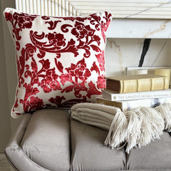 Cayenne Red Florals - Cayenne Red Burnout Velvet Throw Pillow Cover