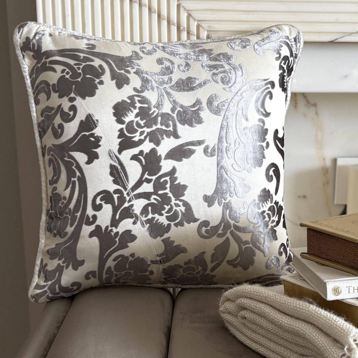 Paloma Grey Floral - Paloma Gray Burnout Velvet Throw Pillow Cover