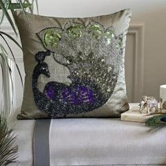 Silver Dancing Peacock - Silver Art Silk Decorative Euro Sham