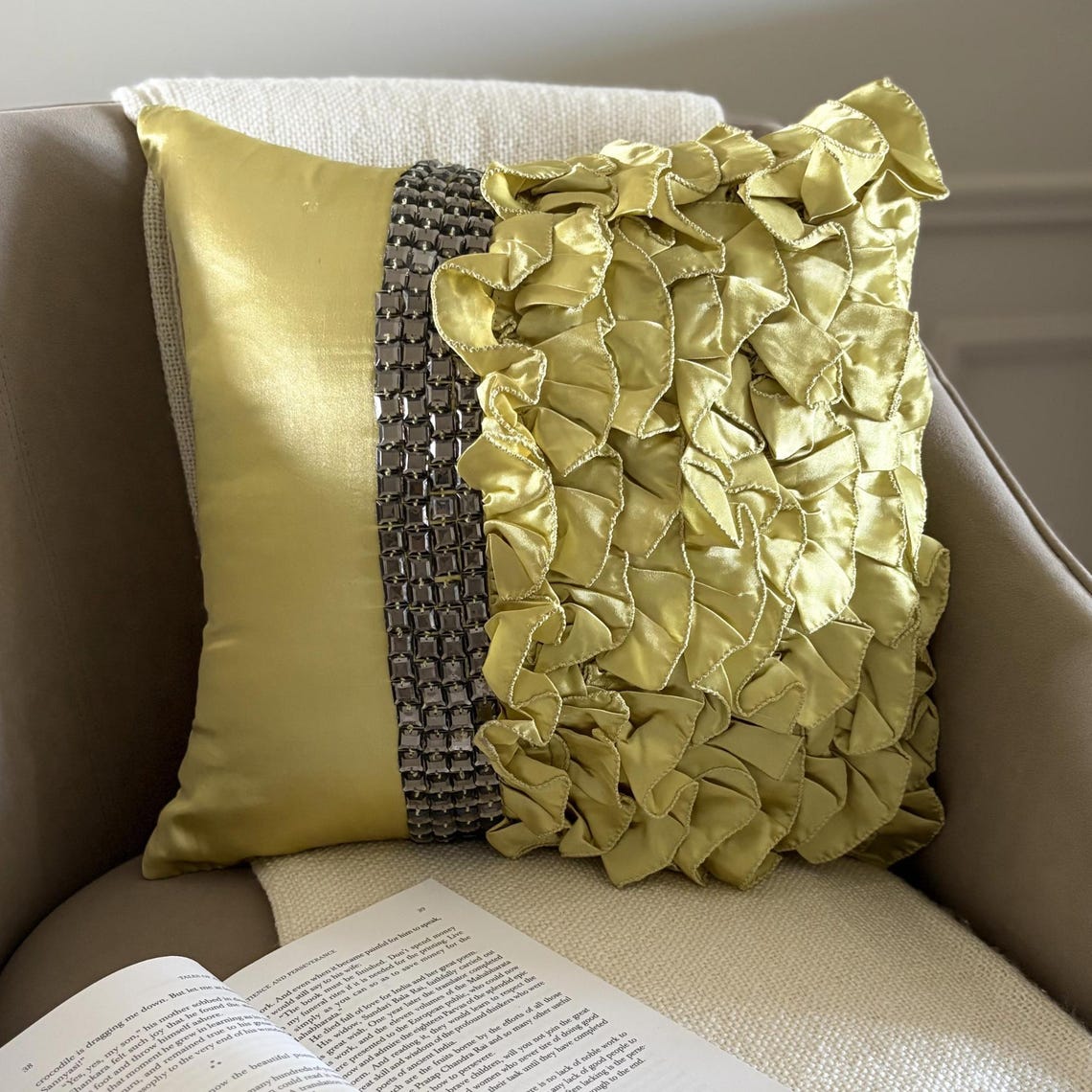 Diamonds And Ruffles - Green Satin Decorative Euro Sham