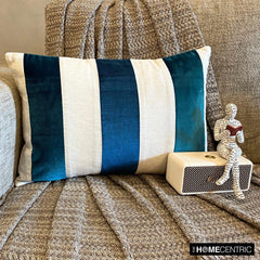 Swathe Teal - Blue Velvet & Linen Lumbar Pillow Cover