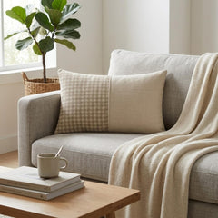 Beige Linen Lumbar Pillow Cover - Oat Houndstooth Lumbar