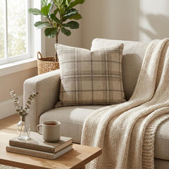 Beige Linen Lumbar Pillow Cover - Terra Plaid Lumbar