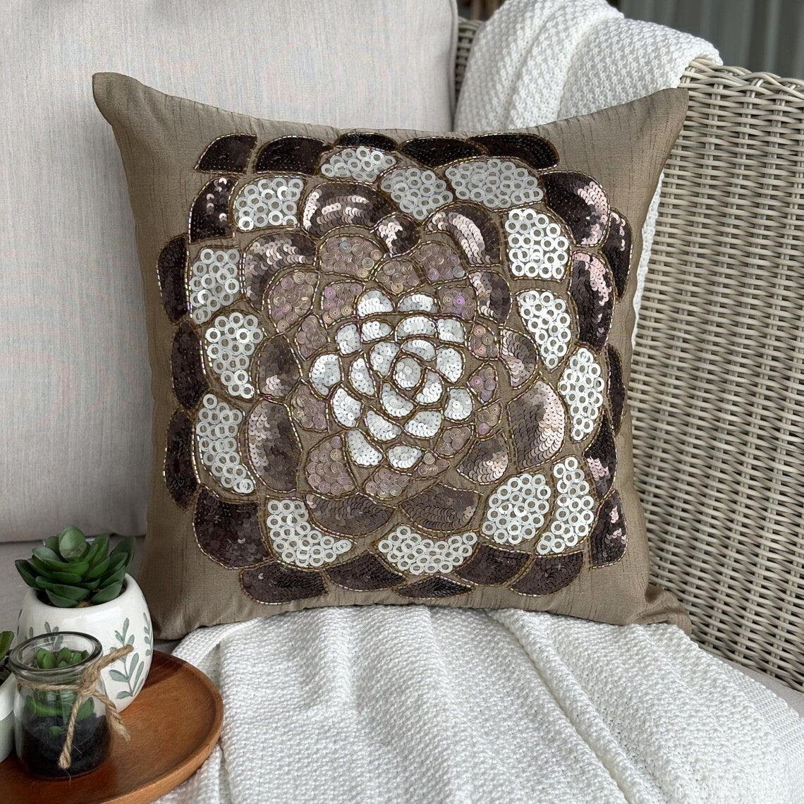 Brown Wildflower Leaves Throw Pillow Cover