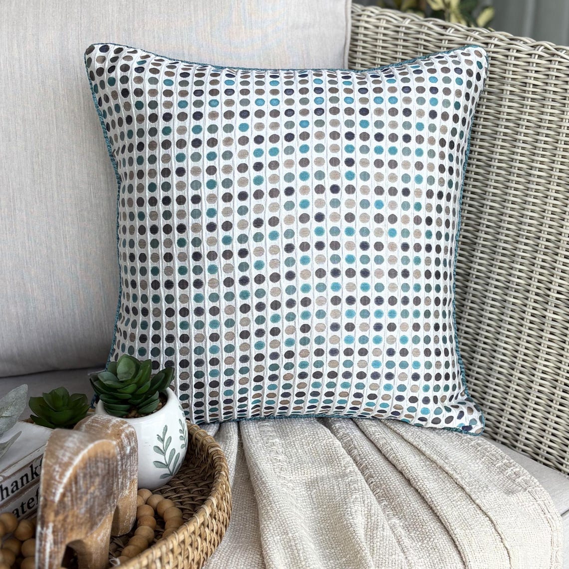 Retro Dots - Blue Jacquard Weave Throw Pillow Cover
