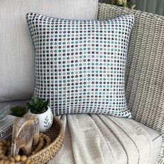 Retro Dots - Blue Jacquard Weave Throw Pillow Cover