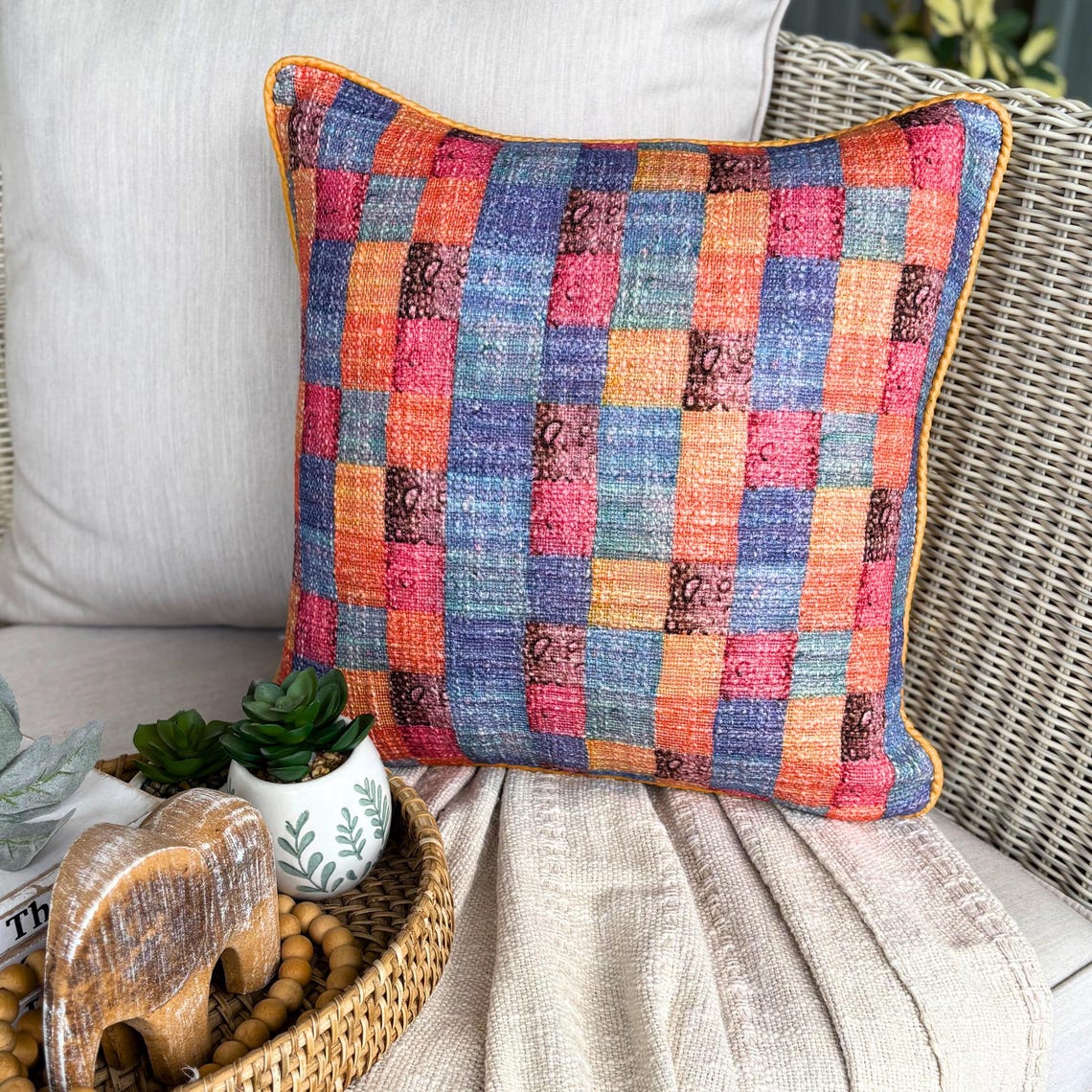 Hue Check Orange Throw Pillow Cover