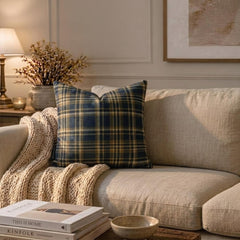 Plaidscape Navy - Navy Blue Velvet Winter Plaid  Throw Pillow Cover