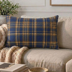 Plaidflow Navy - Blue Velvet Winter Plaid Lumbar Pillow Cover