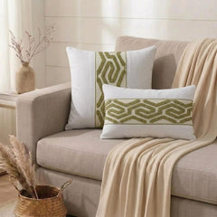 Ivory White Linen Lumbar Pillow Cover - Verdant Labyrinth Lumbar