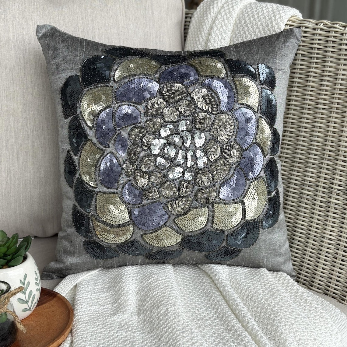 Silver Wildflower - Silver Art Silk Decorative Euro Sham