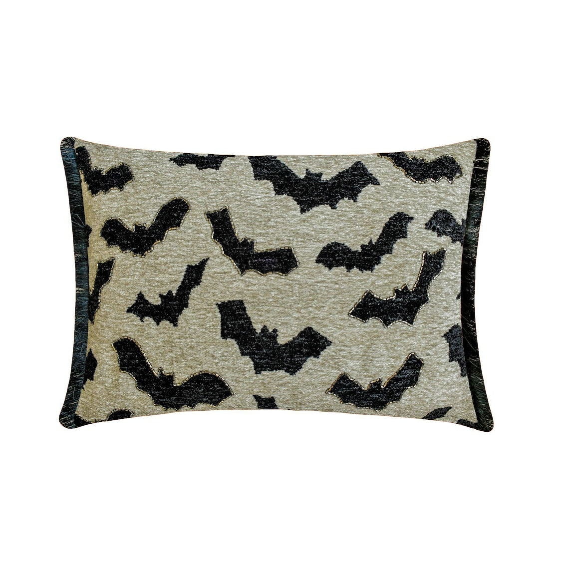 A collection of Halloween-themed pillows with ghost, bat, and cat patterns arranged on a red sofa, with decorative skulls, pumpkins, and cauldrons emitting fog.