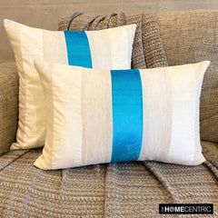 Swathe Turquoise - Blue Linen & Velvet Lumbar Pillow Cover