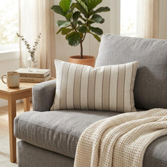 Beige Linen Lumbar Pillow Cover - Beige Terra Stripe Lumbar