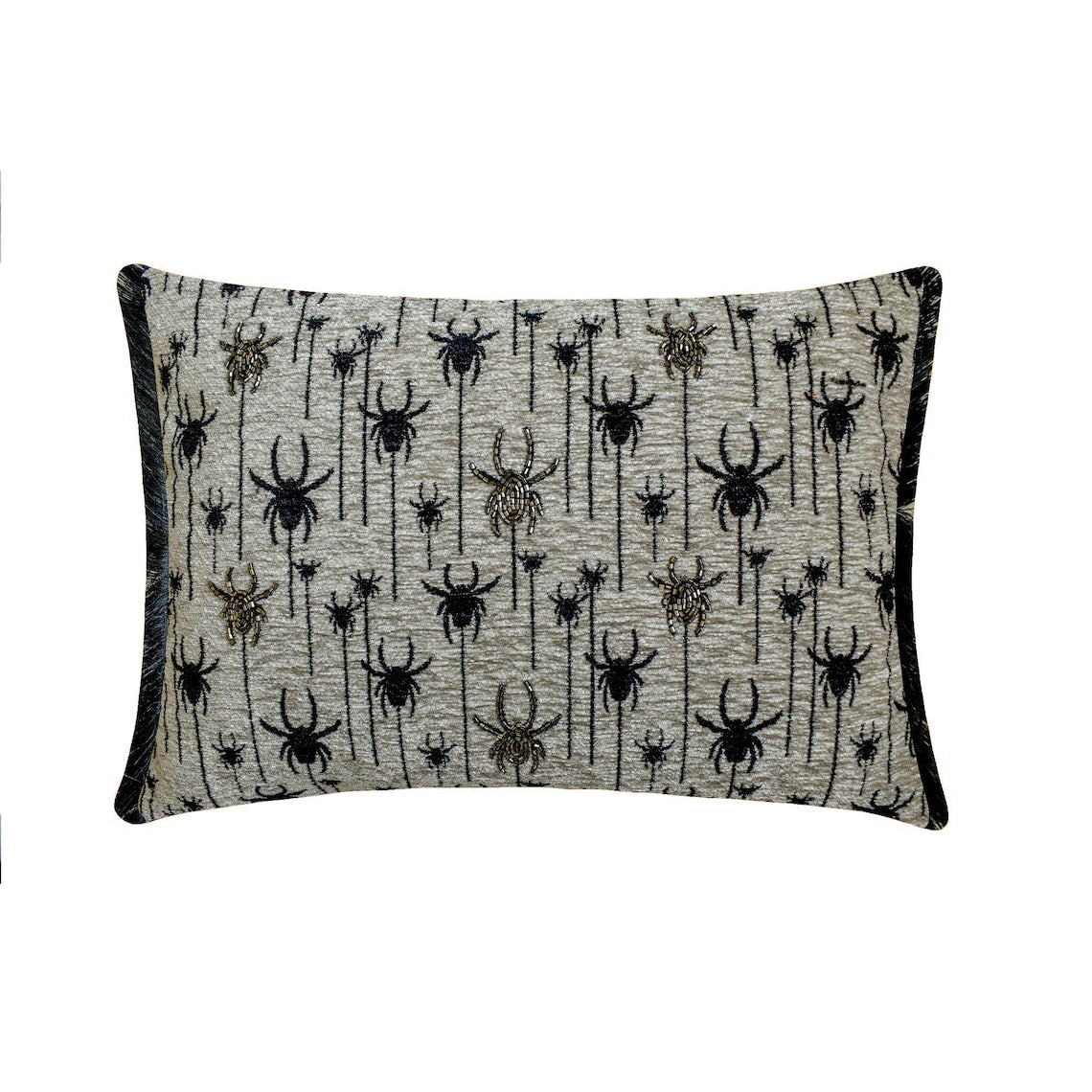 Close-up of Halloween spider lumbar pillow cover with intricate embroidery in black and ivory color on a woven jacquard fabric for Halloween decor.