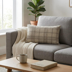 Beige Linen Lumbar Pillow Cover - Terra Plaid Lumbar