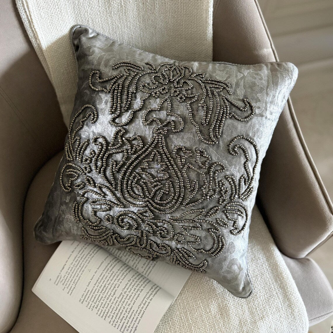 Steel Damask Silver Damask Throw Pillow Cover