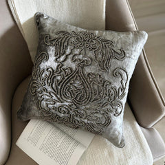 Steel Damask - Grey & Silver Velvet Throw Pillow Cover