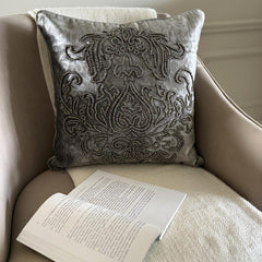 Steel Damask - Grey & Silver Velvet Throw Pillow Cover