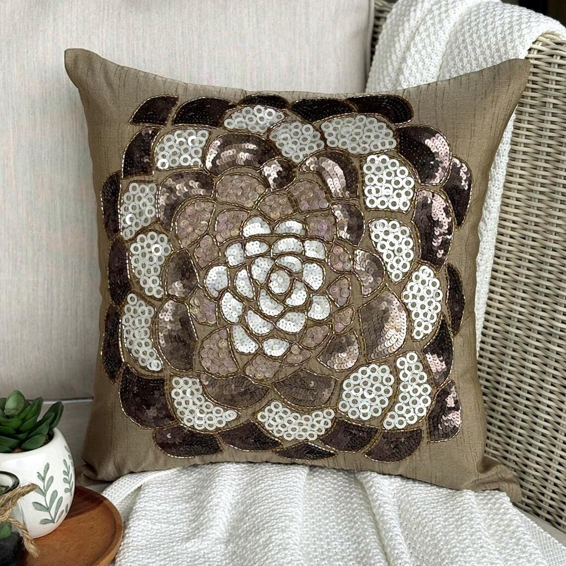 Brown Wildflower Silk Throw Pillow Cover