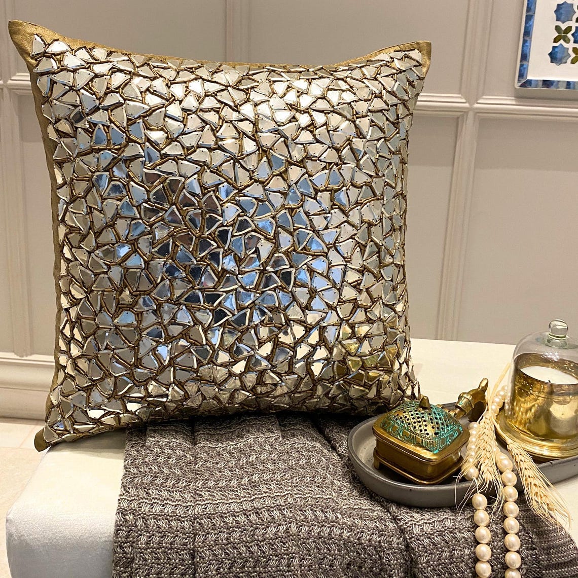 Shimmering Gold Beaded Throw Pillow Cover